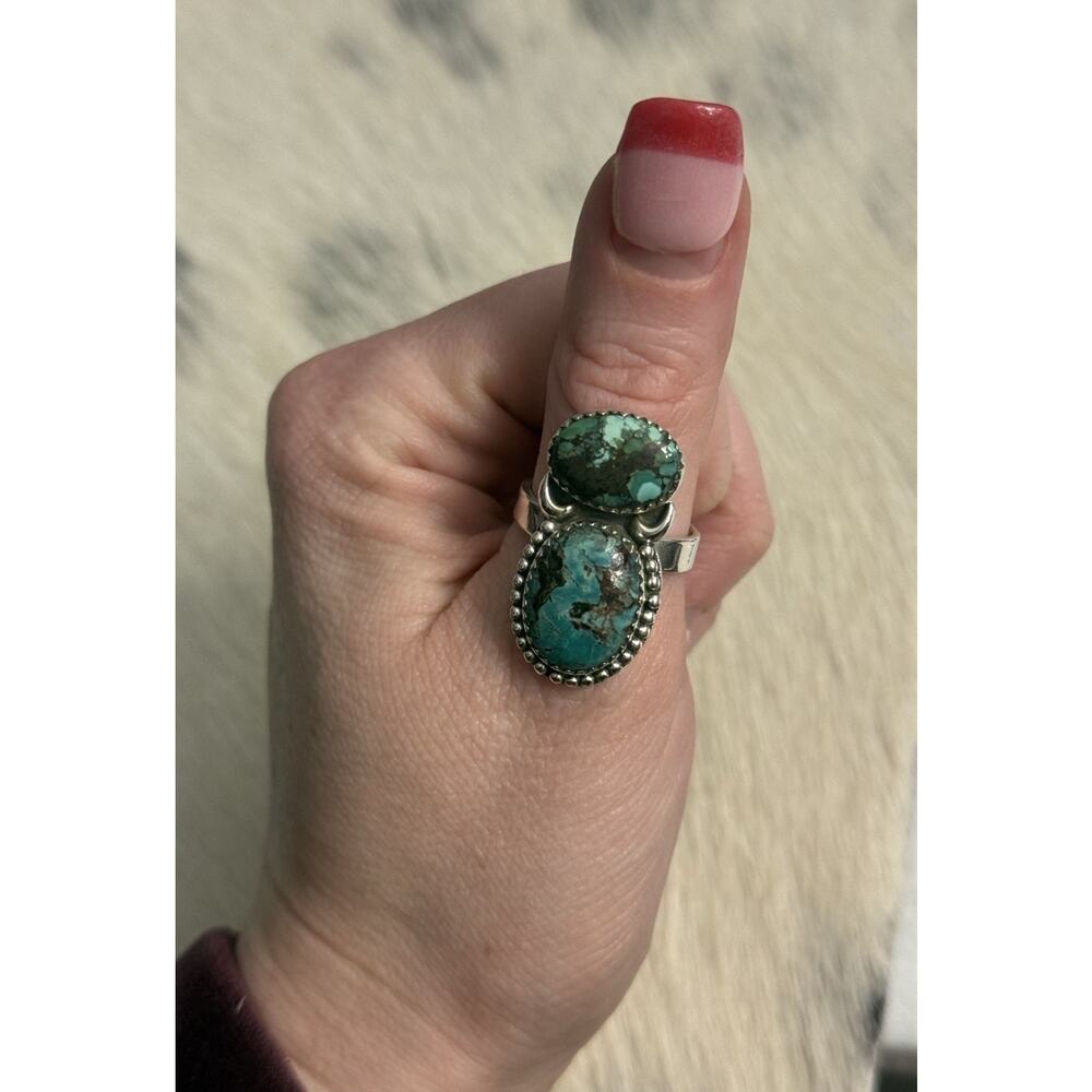 Sterling Silver Blue Hubei Turquoise Double Stone Adjustable Ring Sawtooth 925